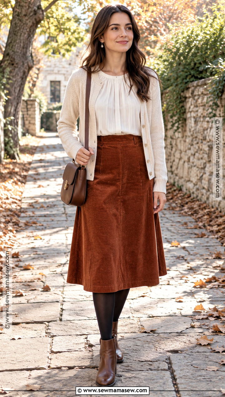 Corduroy Midi Skirt With Blouse Fall Church Outfit - 20 sunday church outfits fall