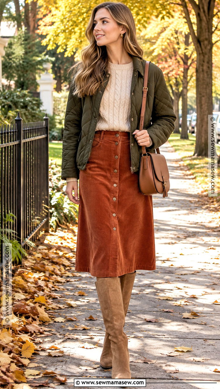 Corduroy Midi Skirt With Cable Knit Sweater - 20 midi skirt outfit autumn ideas
