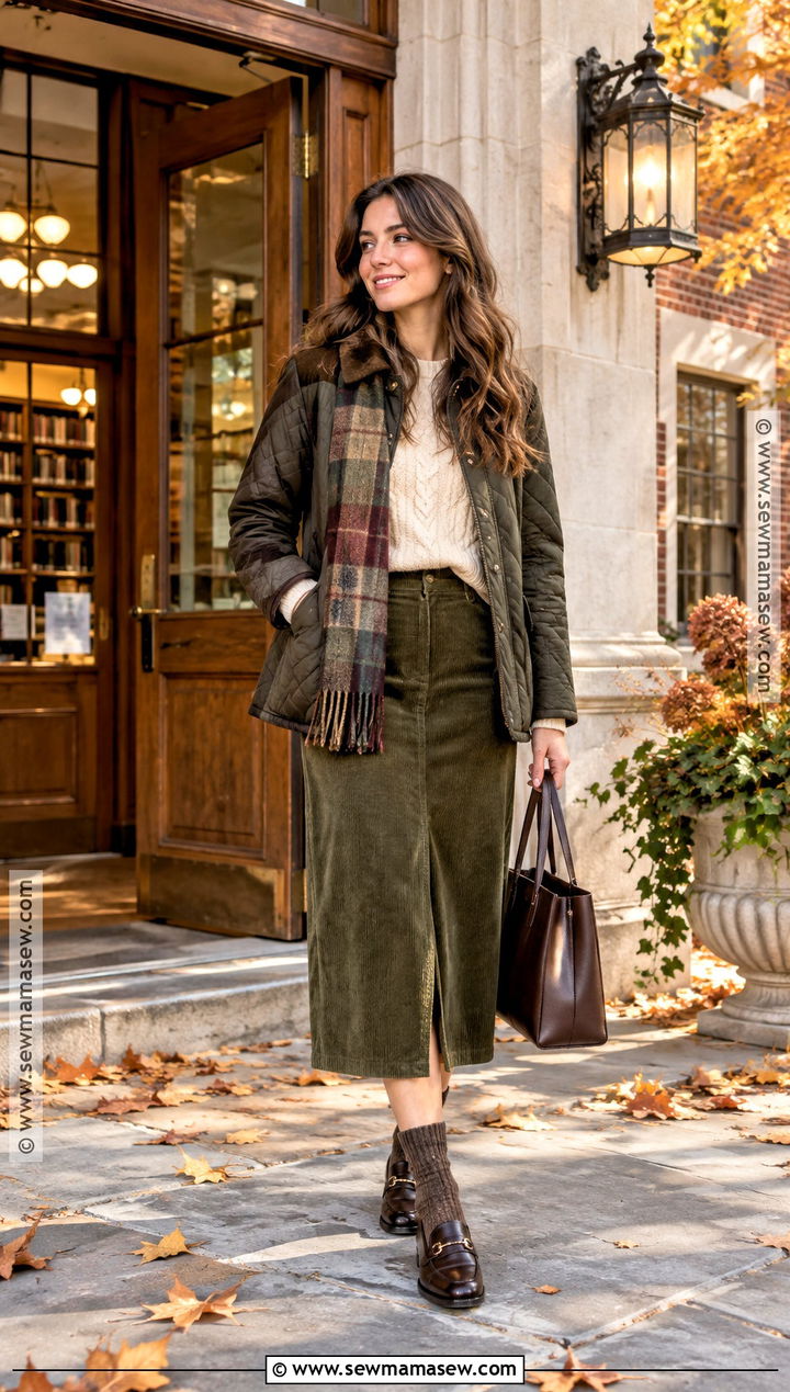 Corduroy Midi Skirt With Cable Knit Sweater And Loafers - 25 corduroy skirt outfit fall ideas