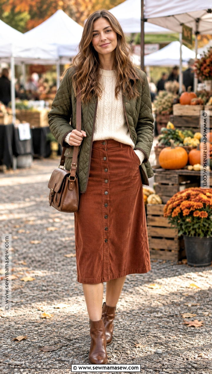 Corduroy Midi Skirt With Cable Knit Sweater - 20 Midi Skirt Fall Ideas