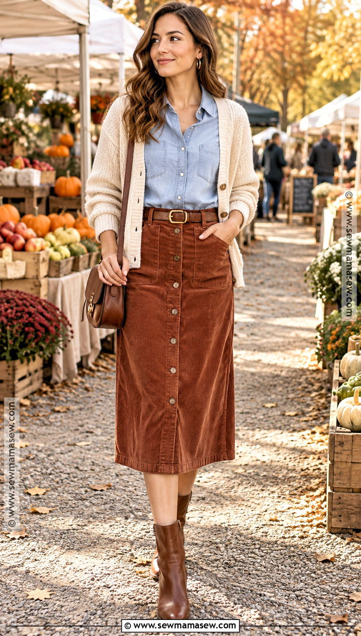 Corduroy Midi Skirt With Chambray Shirt And Ankle Boots - 15 fall outfits with midi skirts