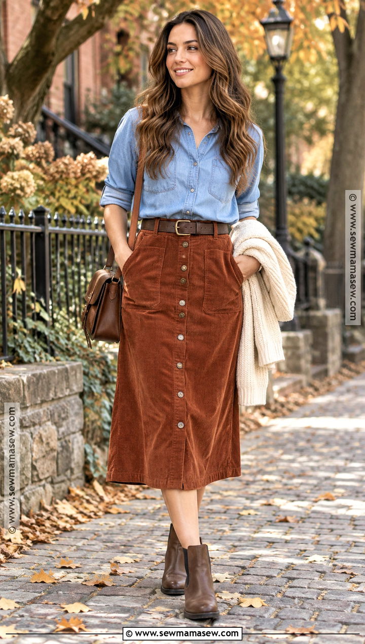 Corduroy Midi Skirt With Chambray Shirt And Chelsea Boots - 20 midi skirt fall outfit ideas