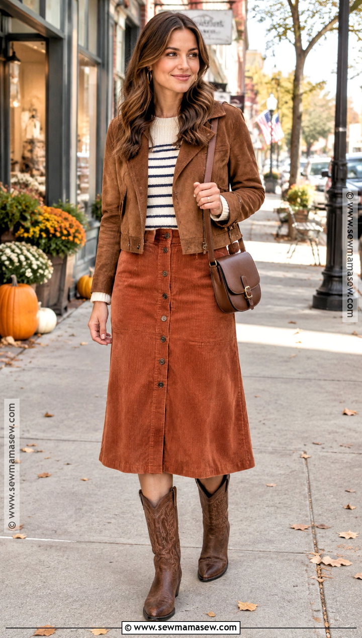 Corduroy Midi Skirt With Western Boots - 15 fall midi skirt outfits with boots