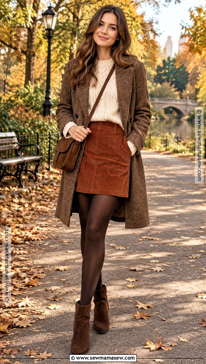 Corduroy Mini Skirt And Cable Knit Sweater Outfit - 15 Fall Aesthetic Outfit Skirt Ideas