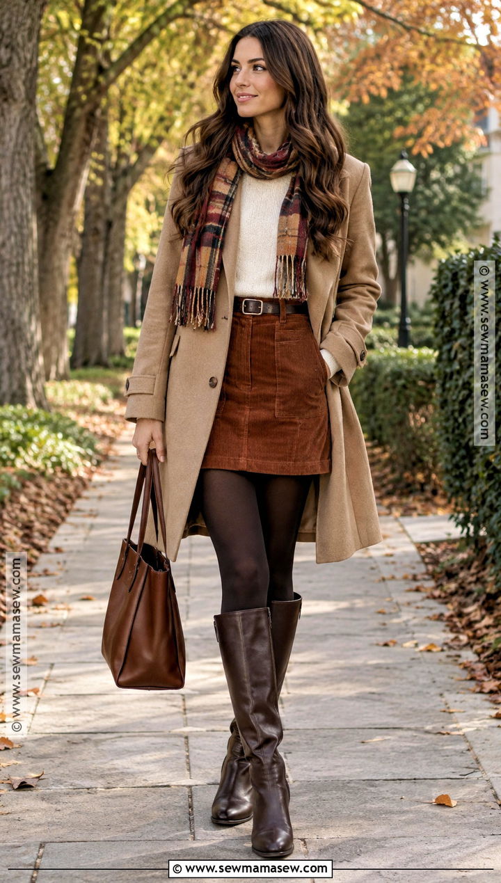 Corduroy Mini Skirt With Crewneck Sweater And Riding Boots - 15 Mini Skirt For Fall Ideas