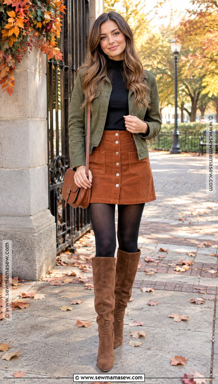 Corduroy Mini Skirt With Mock Neck Top And Tall Boots - 20 fall fits skirt