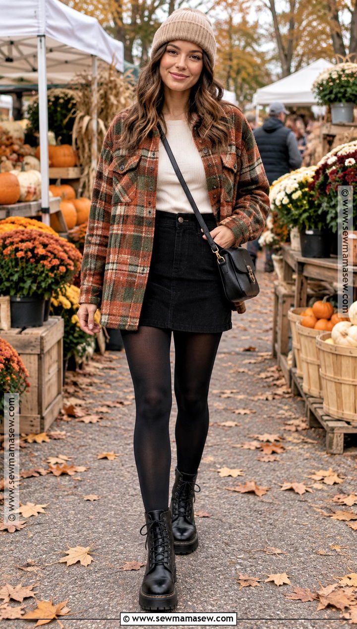 Corduroy Mini Skirt With Plaid Shacket And Combat Boots - 25 corduroy skirt outfit fall ideas