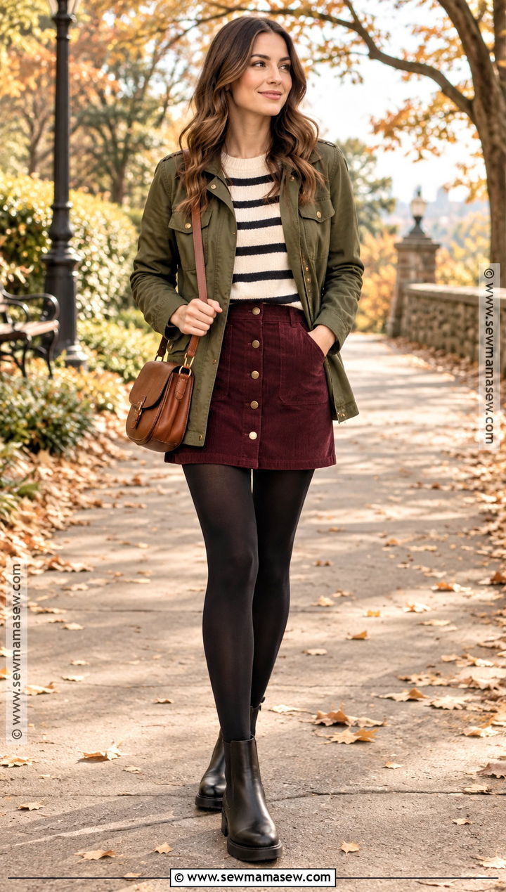 Corduroy Mini Skirt With Striped Sweater And Chelsea Boots - 25 fall mini skirt outfit ideas