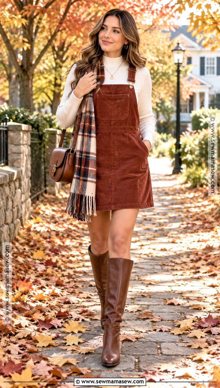 Corduroy Overall Dress With Mock Neck Top - 20 overall dress outfit fall ideas
