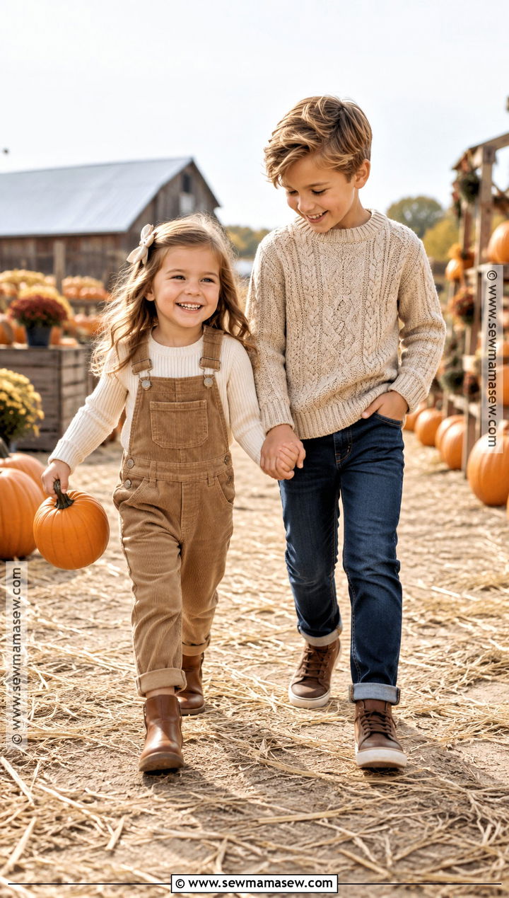 Corduroy Overalls And Knit Sibling Outfit - 15 Sibling Fall Photoshoot Outfits