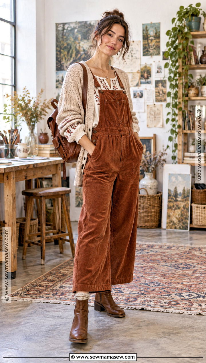 Corduroy Overalls And Peasant Blouse Fall Boho Outfit - 25 fall boho outfits