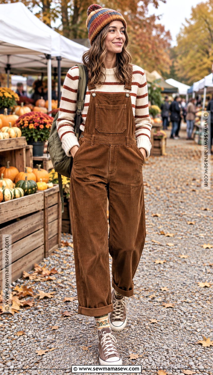 Corduroy Overalls And Striped Sweater Fall Outfit - 15 Fall Outfits Eclectic