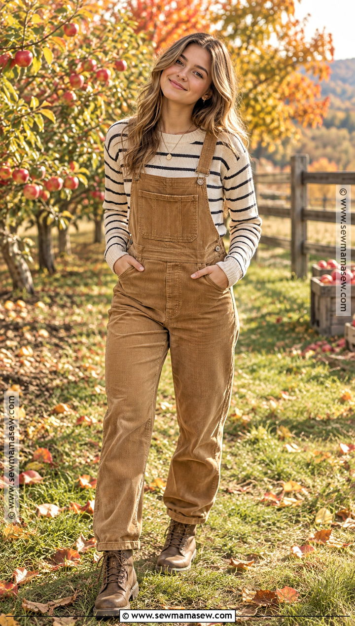 Corduroy Overalls And Striped Sweater Senior Pic Outfit - 15 senior pic fall outfits