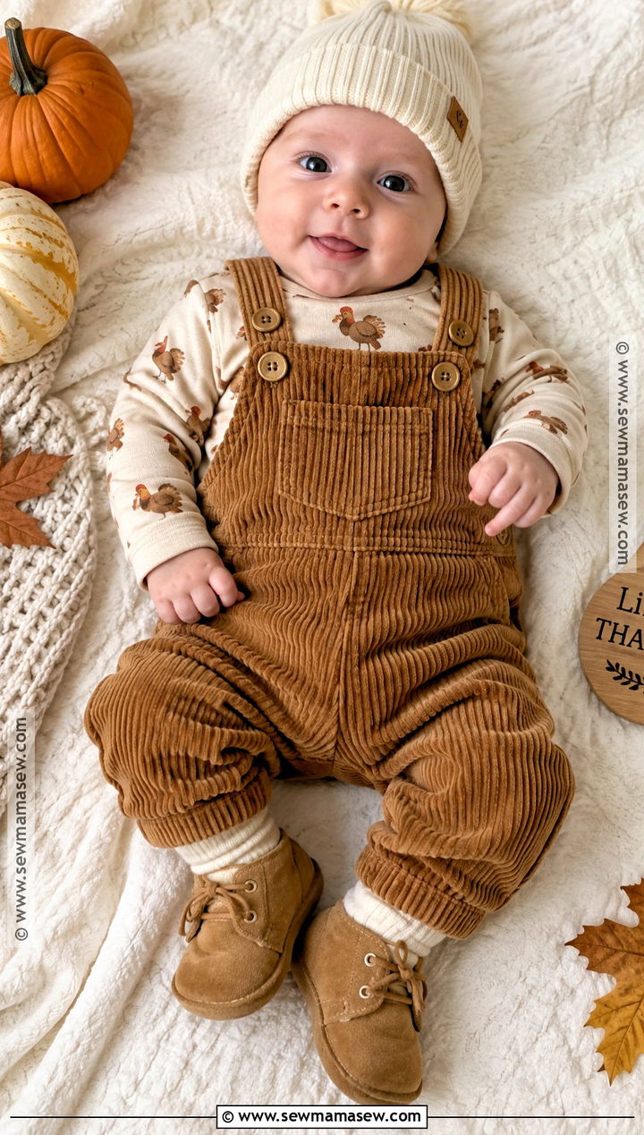 Corduroy Overalls And Turkey Bodysuit - 15 newborn first thanksgiving outfit ideas