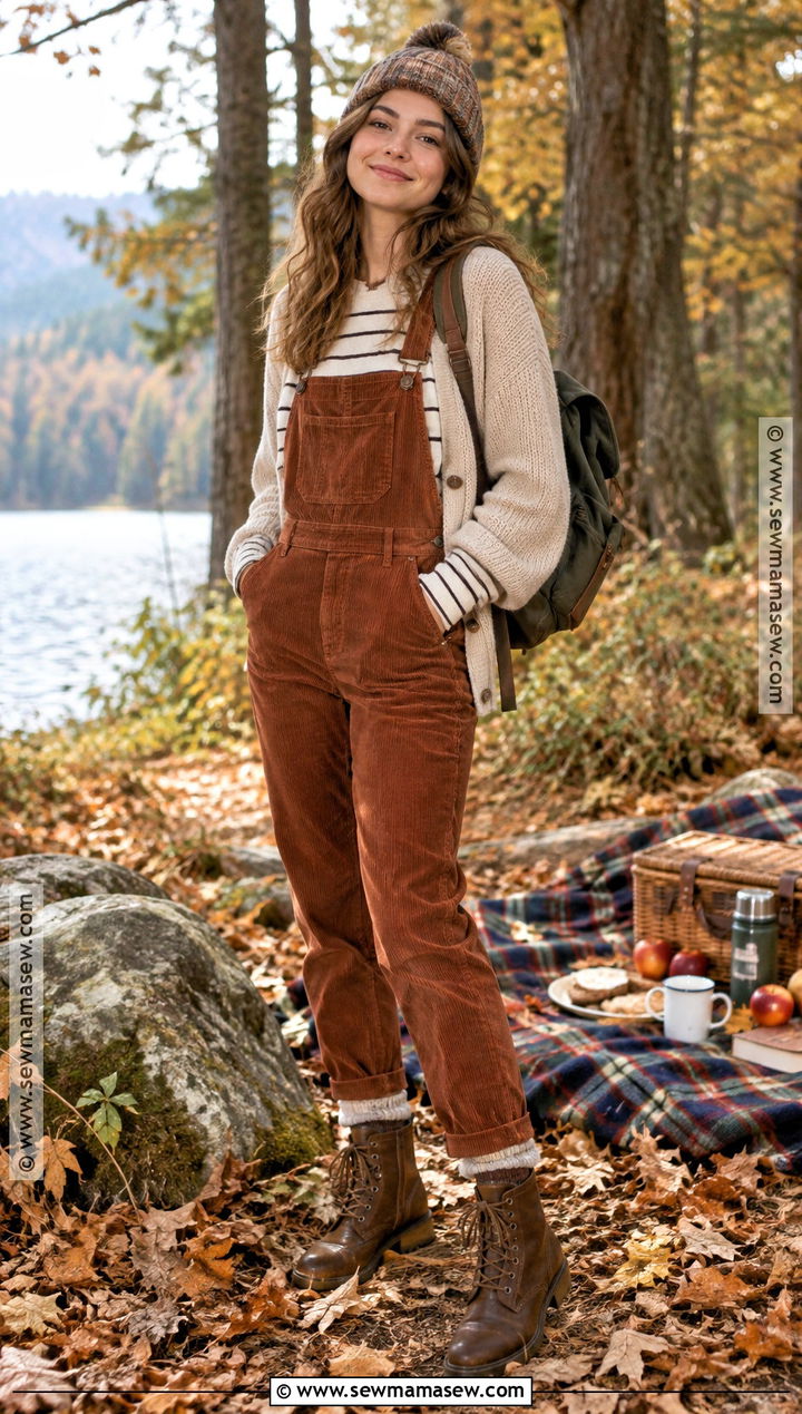 Corduroy Overalls Fall Picnic Outfit With A Striped Top - 20 picnic outfit fall ideas