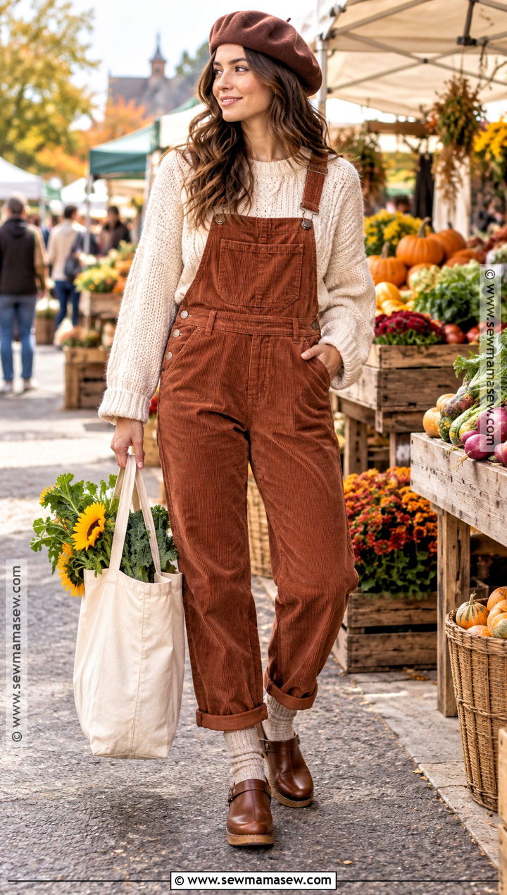 Corduroy Overalls With Chunky Sweater and Clogs - 15 Overalls Aesthetic Fall