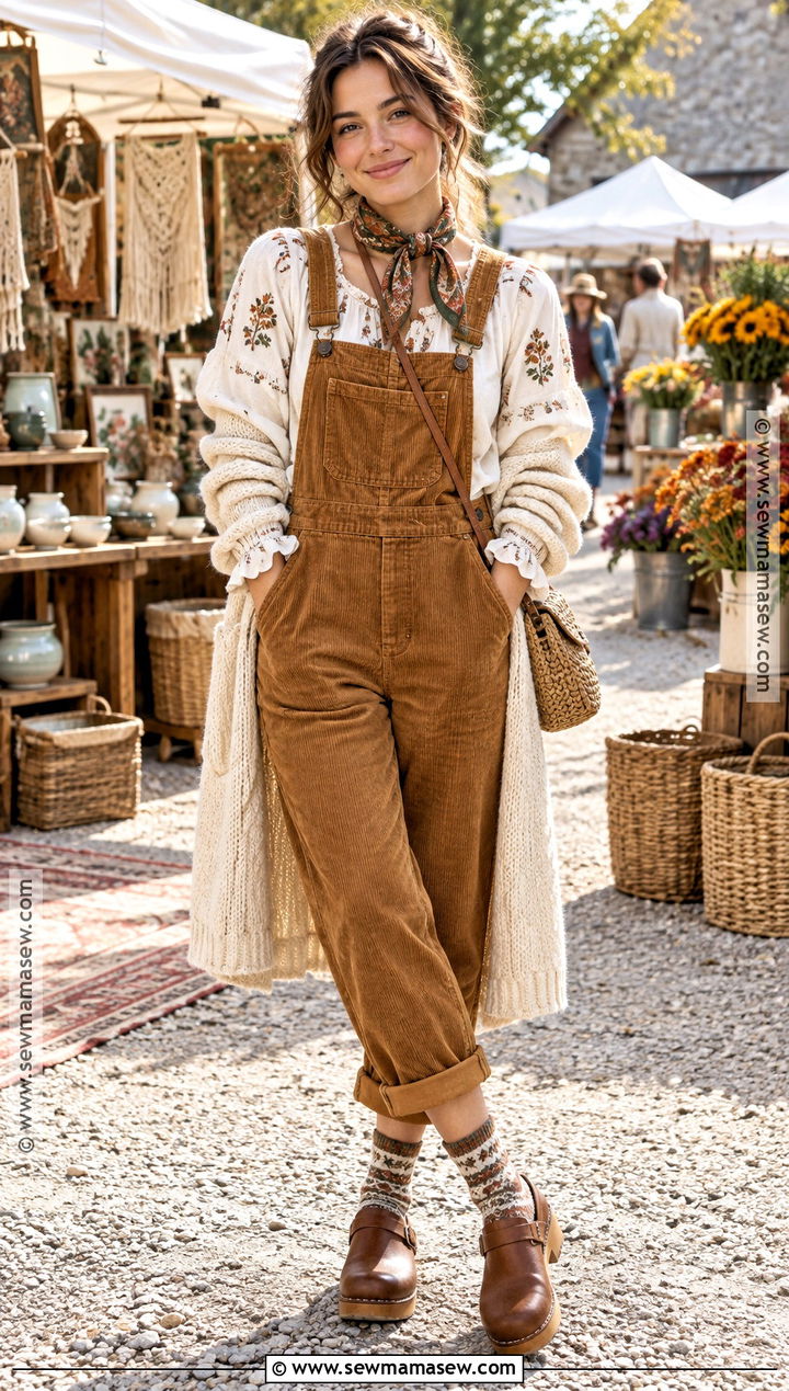 Corduroy Overalls With Puff Sleeve Blouse And Clogs - 20 Fall Whimsical Outfit Ideas