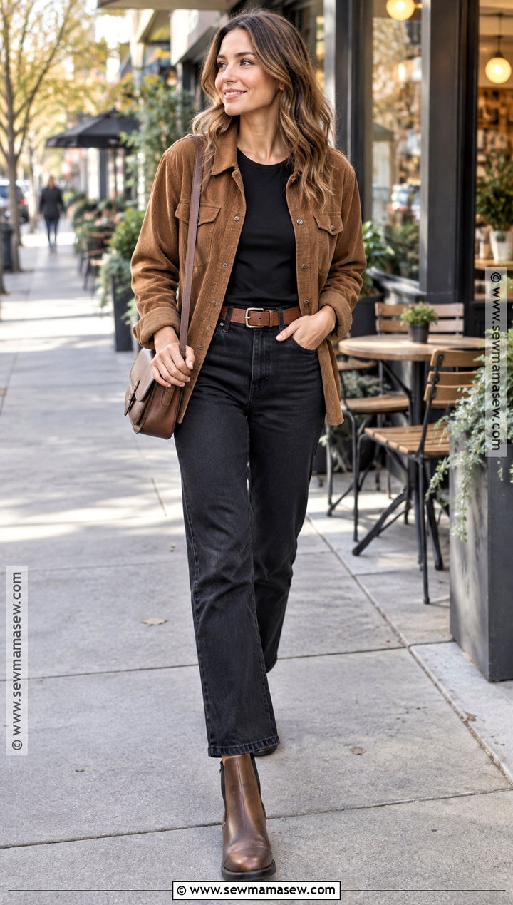 Corduroy Overshirt And Black Jeans Autumn Outfit - 20 autumn cozy outfit ideas