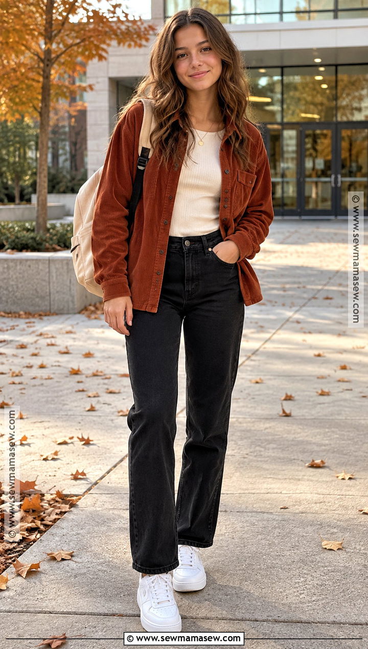 Corduroy Overshirt And Black Jeans Fall Outfit - 20 Teen Girl Fall Outfits