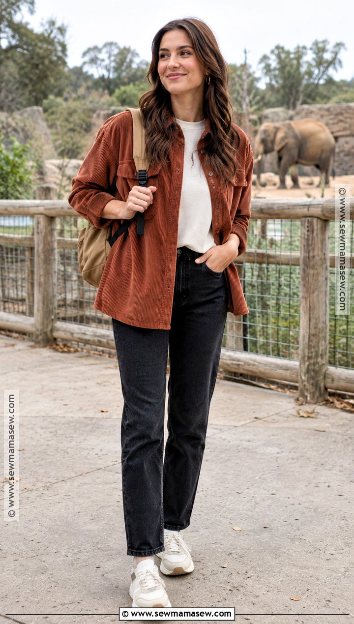 Corduroy Overshirt And Black Jeans Zoo Outfit - 25 zoo outfit fall ideas