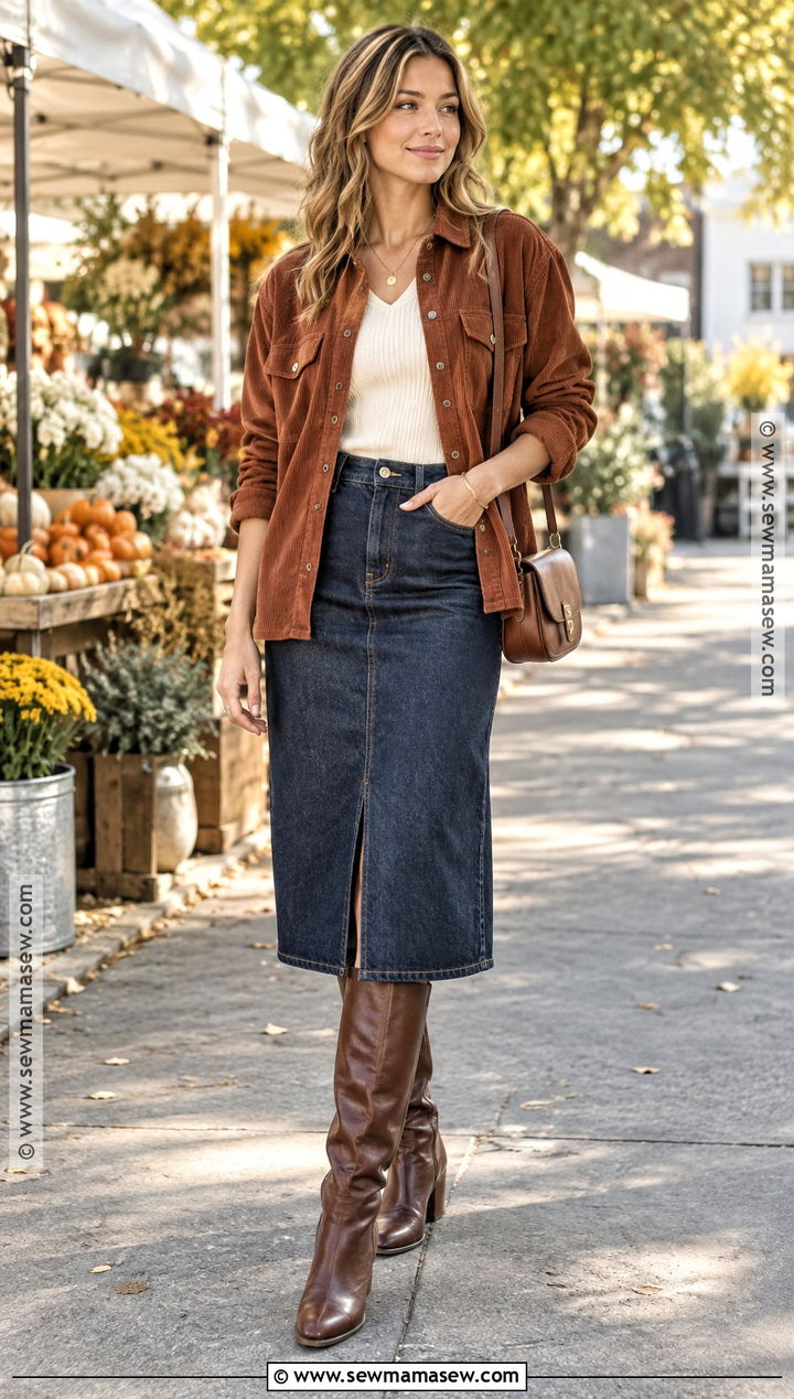 Corduroy Overshirt And Denim Skirt Autumn Outfit - 15 Girl Autumn Clothes