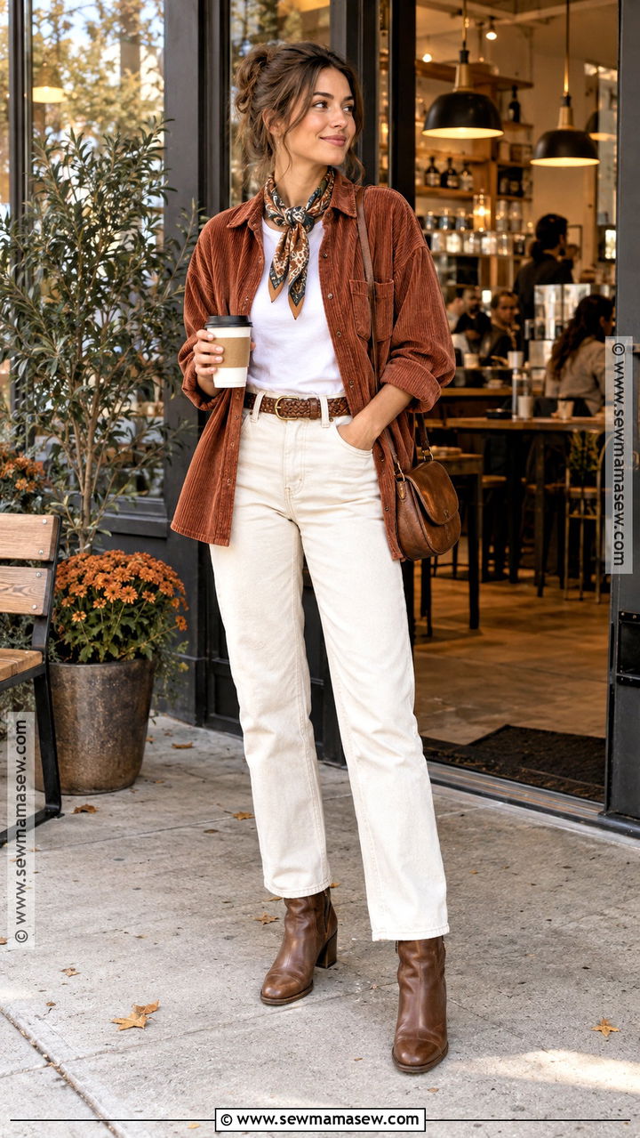 Corduroy Overshirt And Ecru Jeans Coffee Shop Outfit - 20 Fall Coffee Shop Outfit Ideas