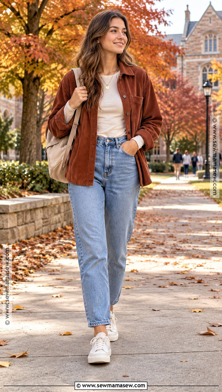 Corduroy Overshirt And Mom Jeans Fall School Outfit - 15 fall school outfits comfy