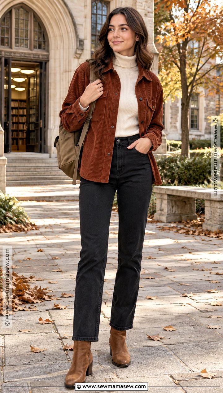 Corduroy Overshirt And Turtleneck School Outfit - 25 cute fall outfits for school