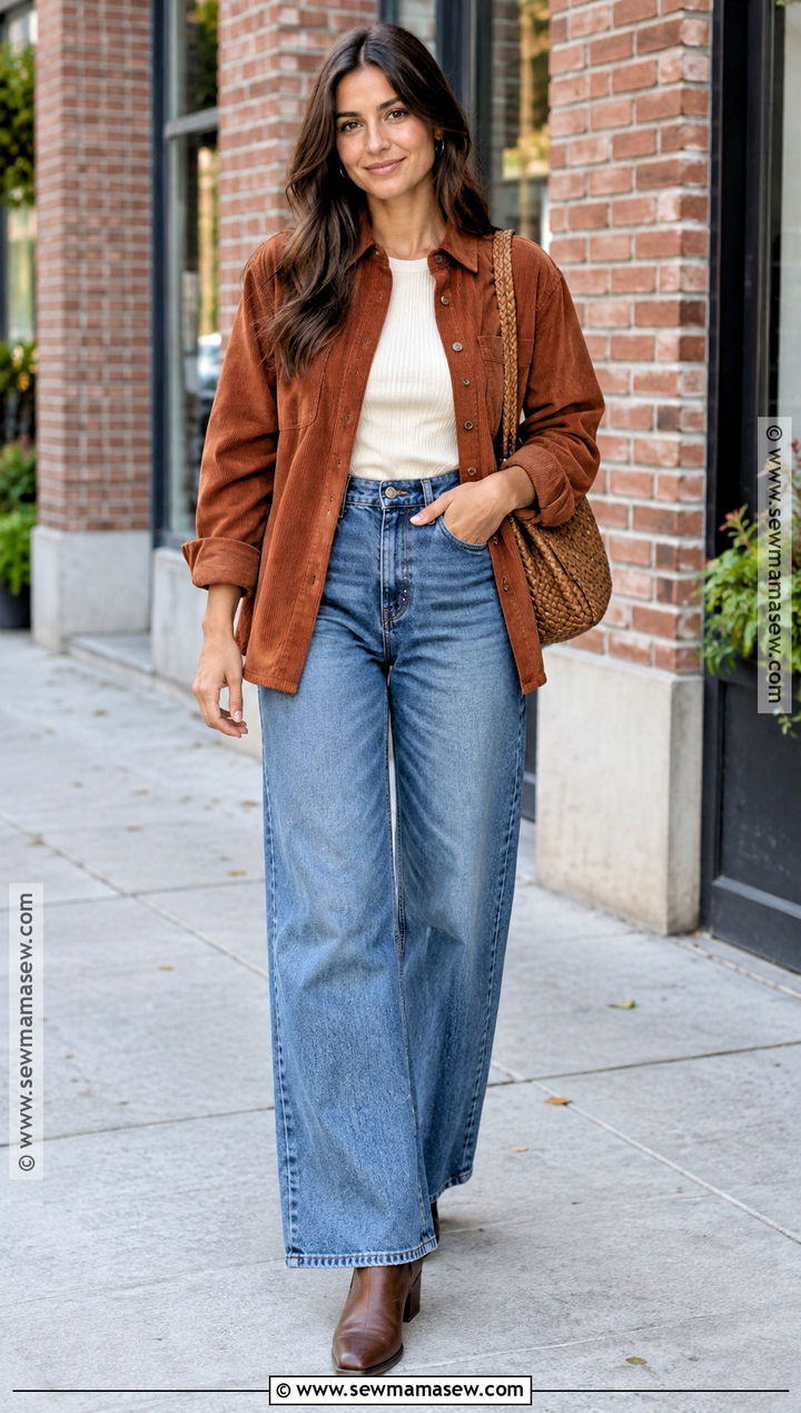 Corduroy Overshirt And Wide Leg Jeans Fall Outfit - 20 nice fall outfits