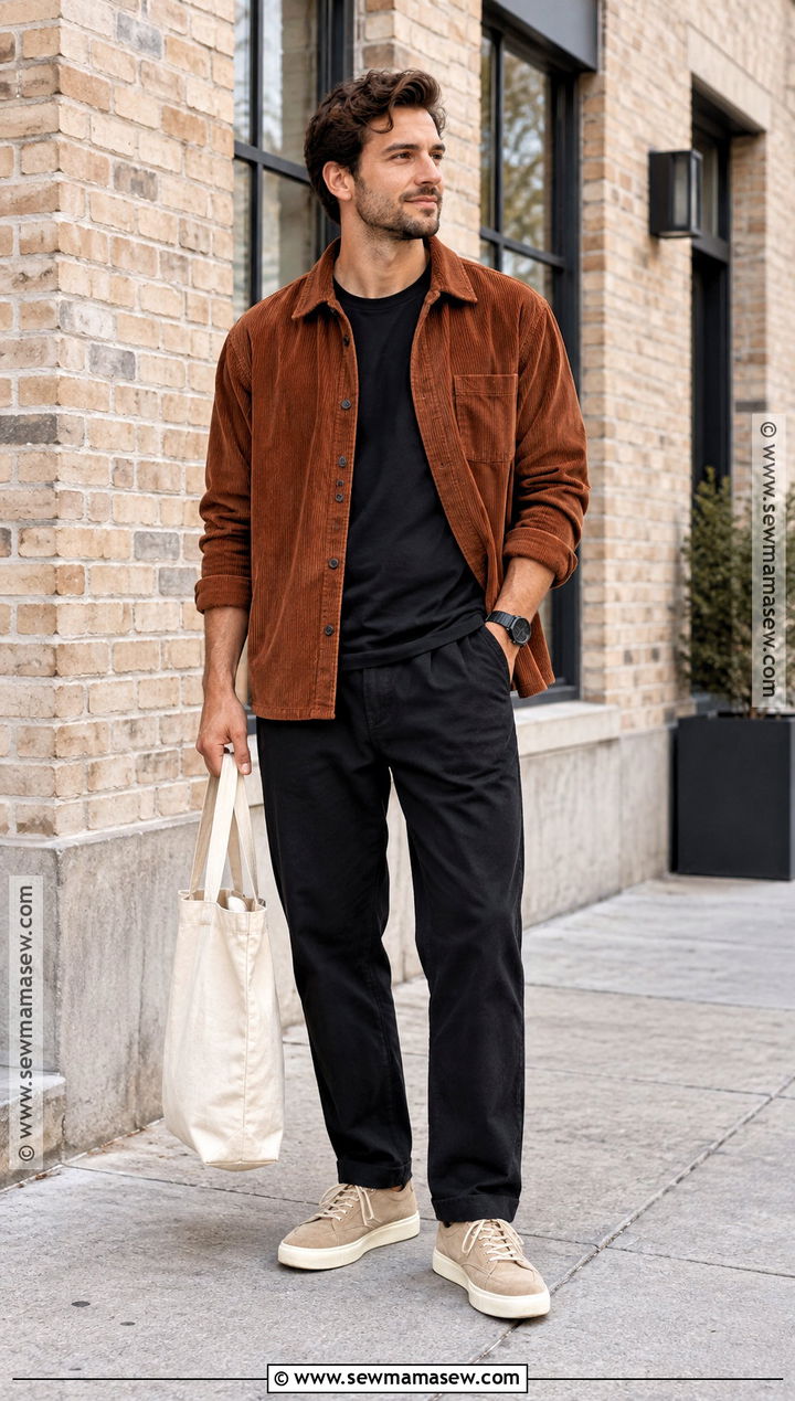 Corduroy Overshirt Autumn Outfit With Black Pants - 25 autumn outfits men casual