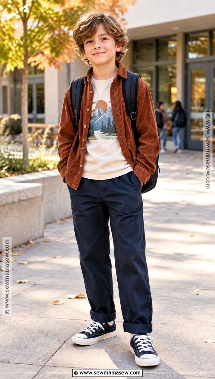 Corduroy Overshirt T Shirt Relaxed Pants And Sneakers Outfit - 20 back to school outfits for kids