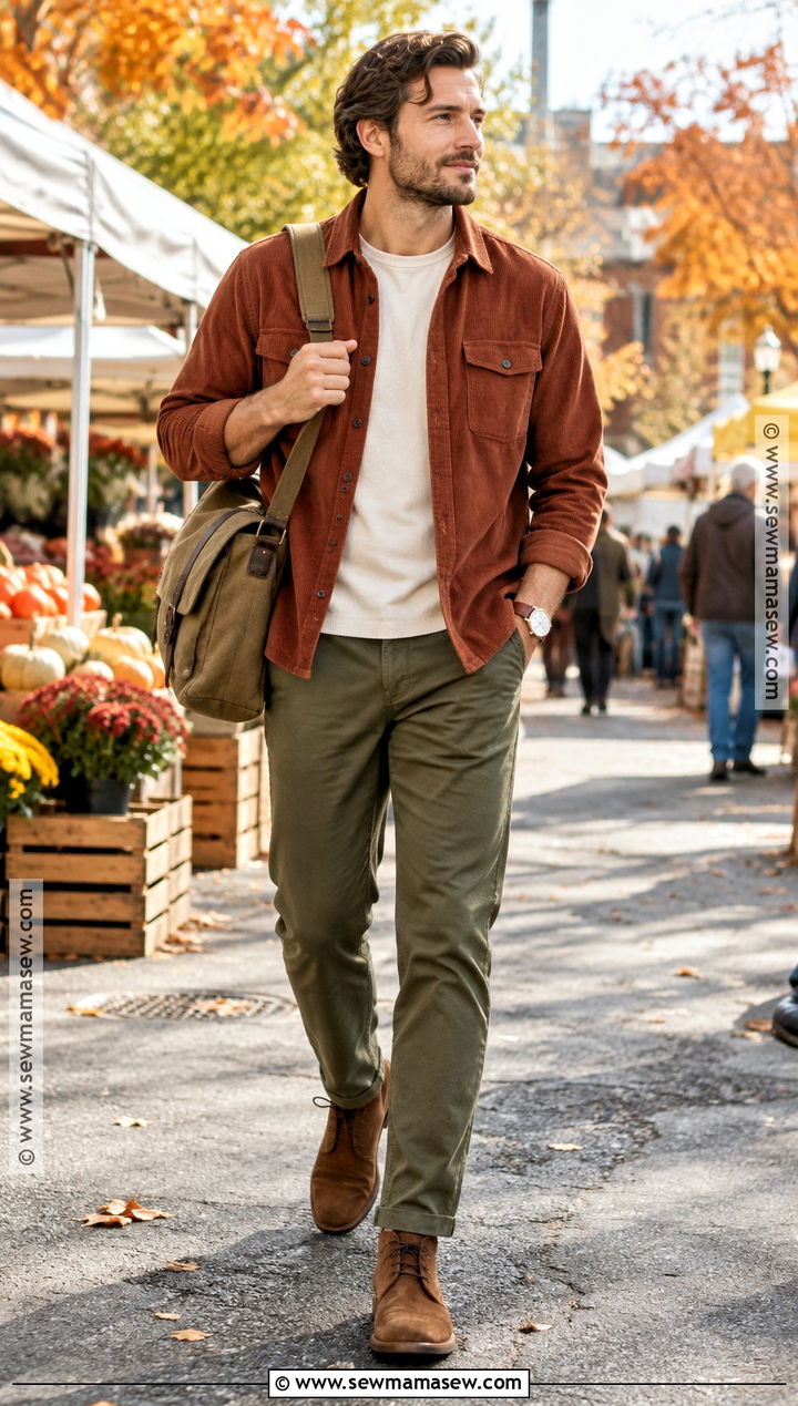 Corduroy Overshirt T Shirt and Olive Chinos Outfit - 15 Casual Mens Fall Outfits