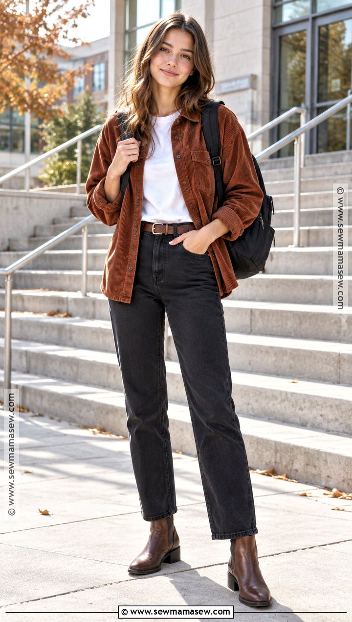 Corduroy Overshirt and Black Jeans School Outfit - 25 autumn school outfits
