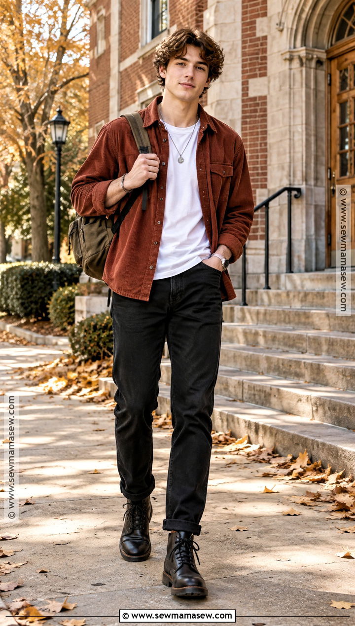 Corduroy Overshirt and Black Jeans School Outfit - 20 aesthetic fall outfits for school