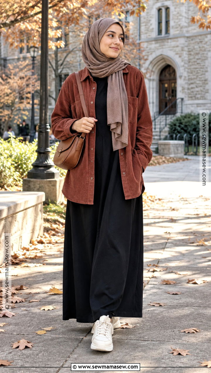 Corduroy Overshirt and Black Maxi Dress Hijab Outfit - 25 fall hijab outfits