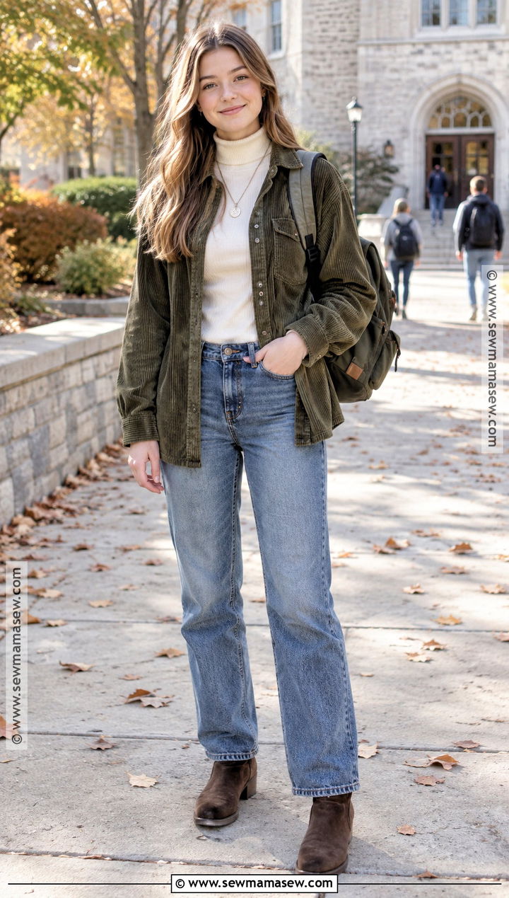Corduroy Overshirt and Blue Jeans - 15 Highschool Fall Outfits
