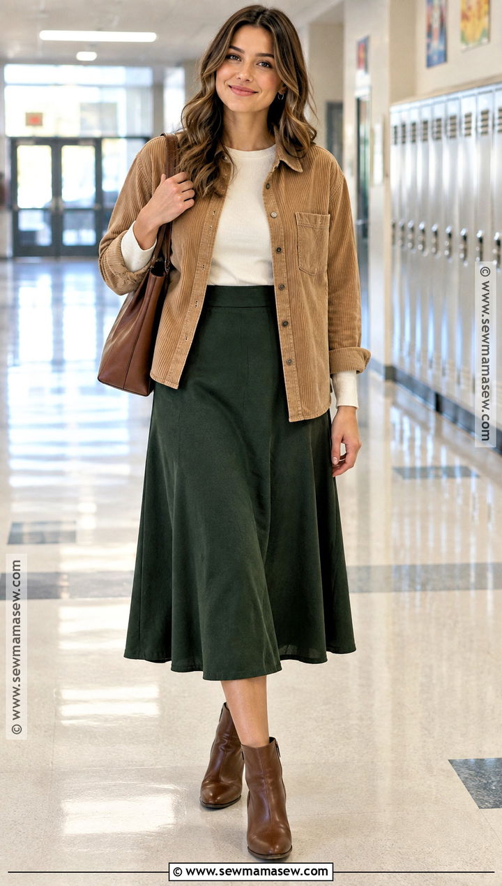 Corduroy Overshirt and Midi Skirt Teacher Outfit - 15 teachers fall outfits