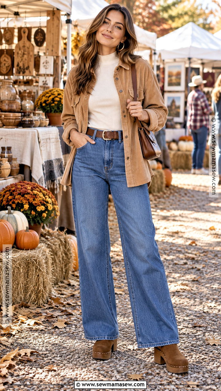 Corduroy Overshirt and Wide Leg Jeans Fall Festival Outfit - 30 fall festival outfit ideas