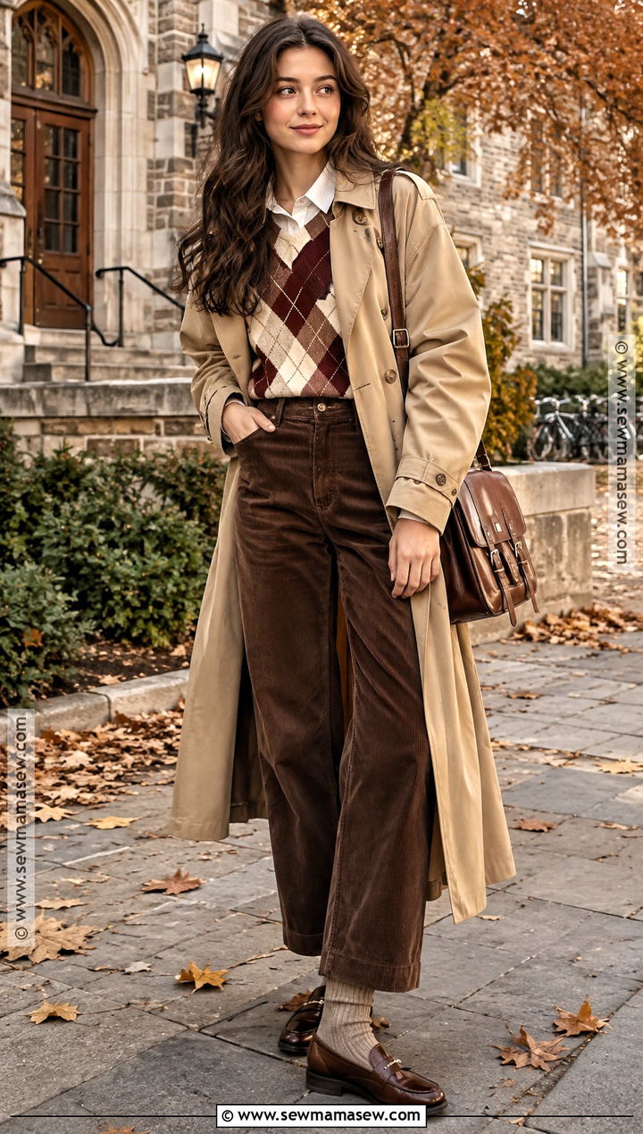Corduroy Pants And Argyle Sweater Autumn Outfit - 25 autumn aesthetic outfit vintage ideas