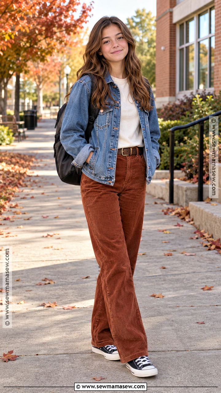 Corduroy Pants And Basic T Shirt Outfit - 20 back to school outfits middle school 8th