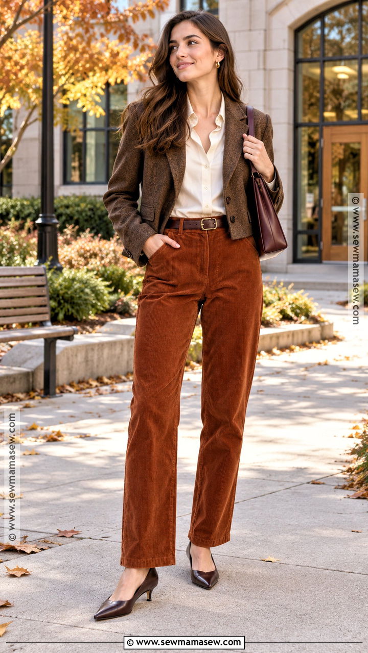 Corduroy Pants And Blouse With Kitten Heels - 20 fall kitten heels outfit