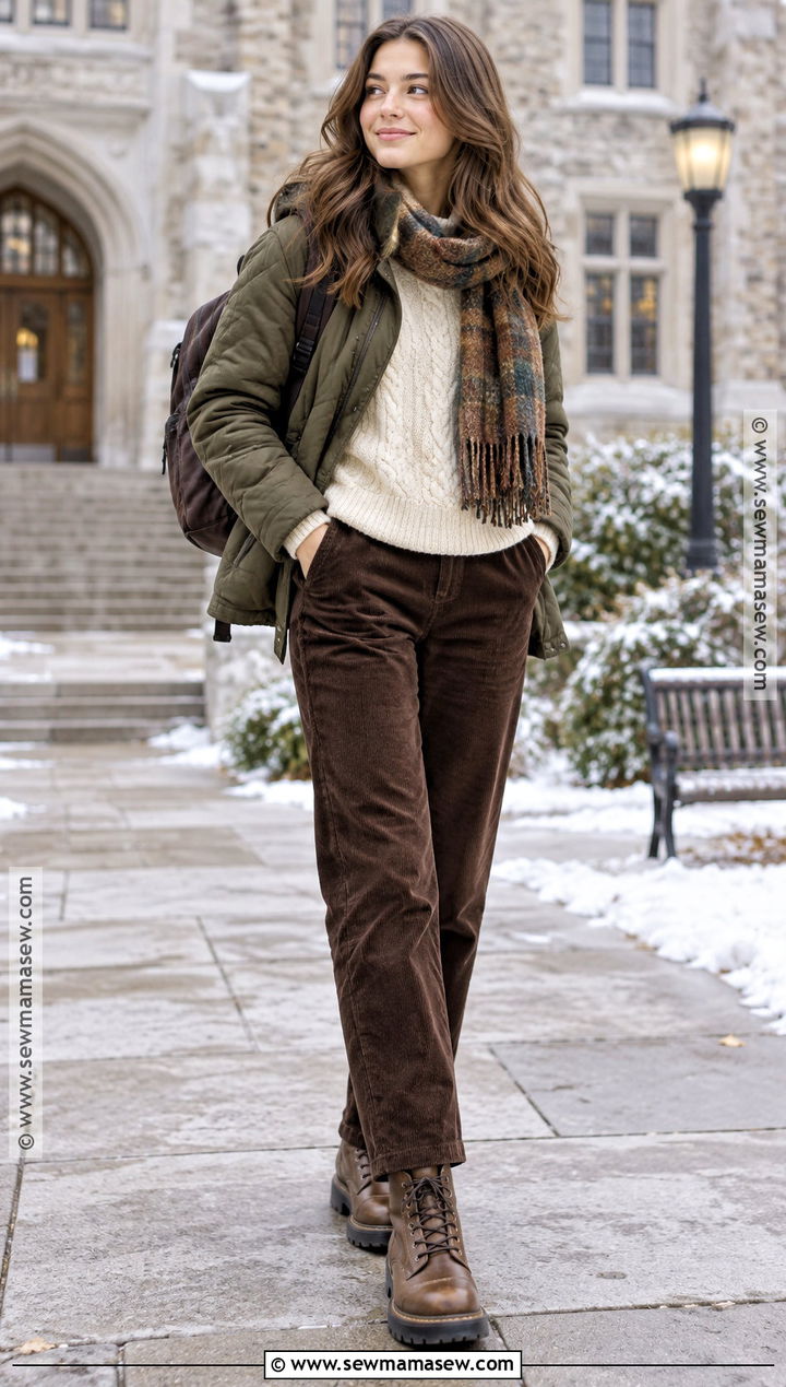 Corduroy Pants And Cable Knit Sweater Winter School Outfit - 15 winter outfits back to school