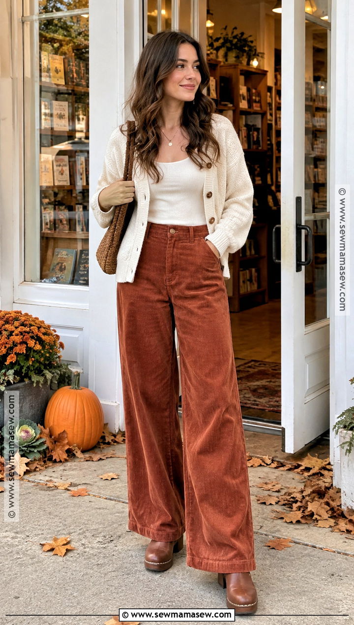 Corduroy Pants And Cardigan Fall Outfit - 15 Fall Themed Outfits Aesthetic