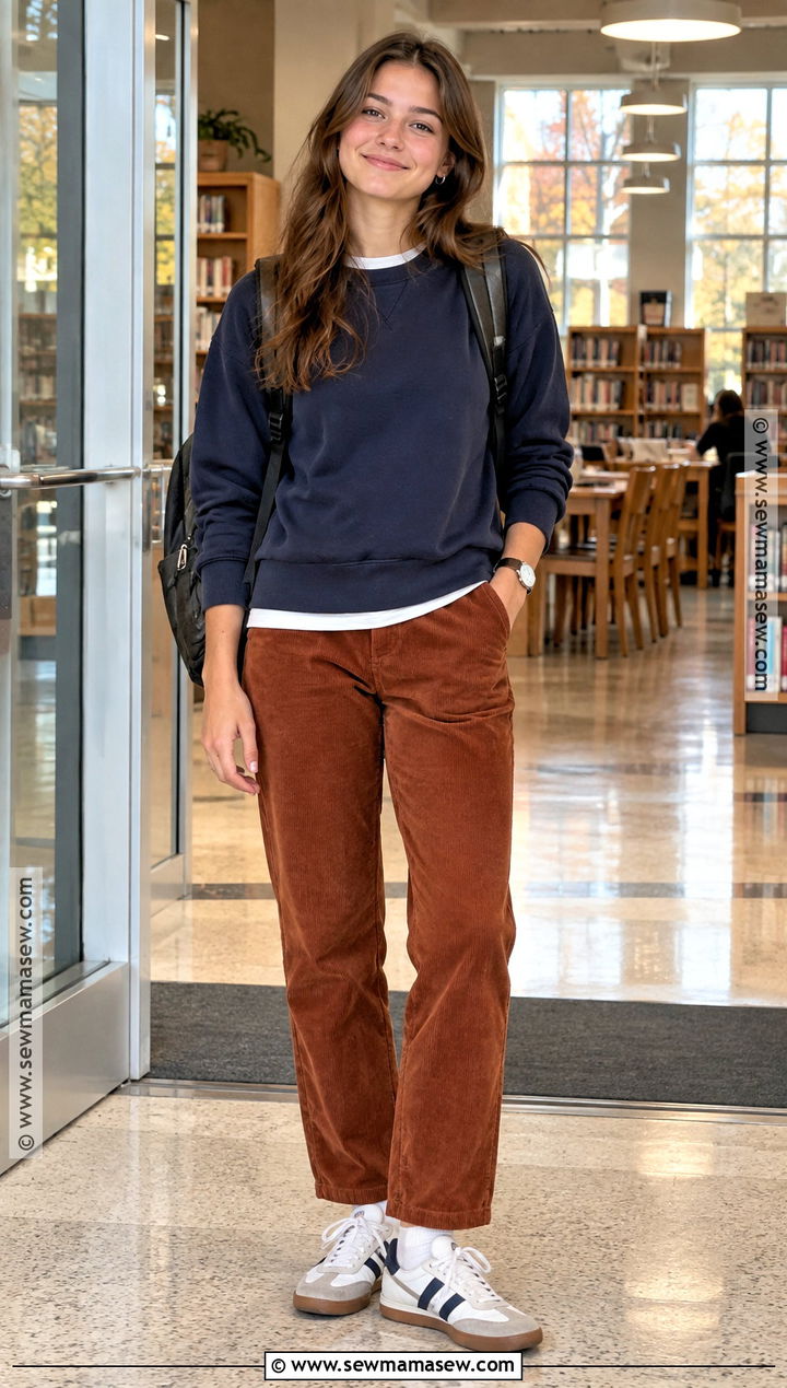 Corduroy Pants And College Sweatshirt High School Outfit - 25 back to school outfits highschool