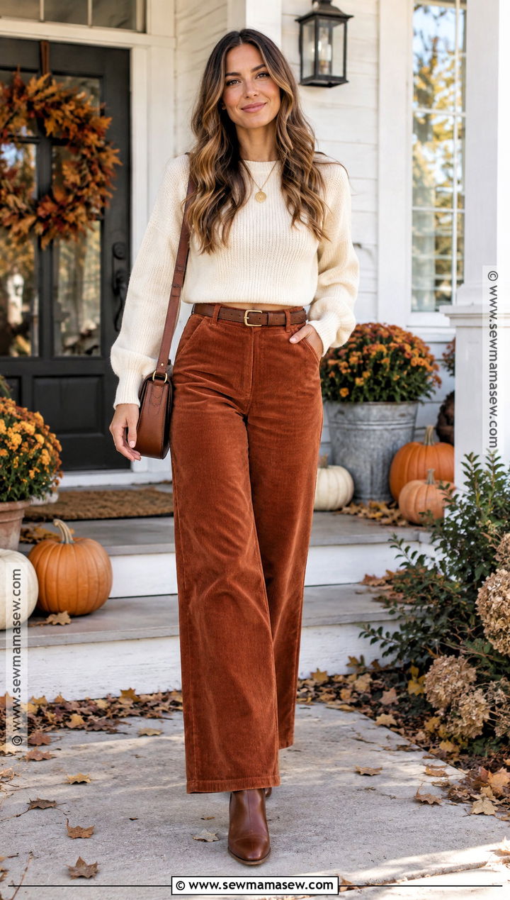 Corduroy Pants And Cream Sweater Thanksgiving Outfit - 20 Women Thanksgiving Outfit Ideas