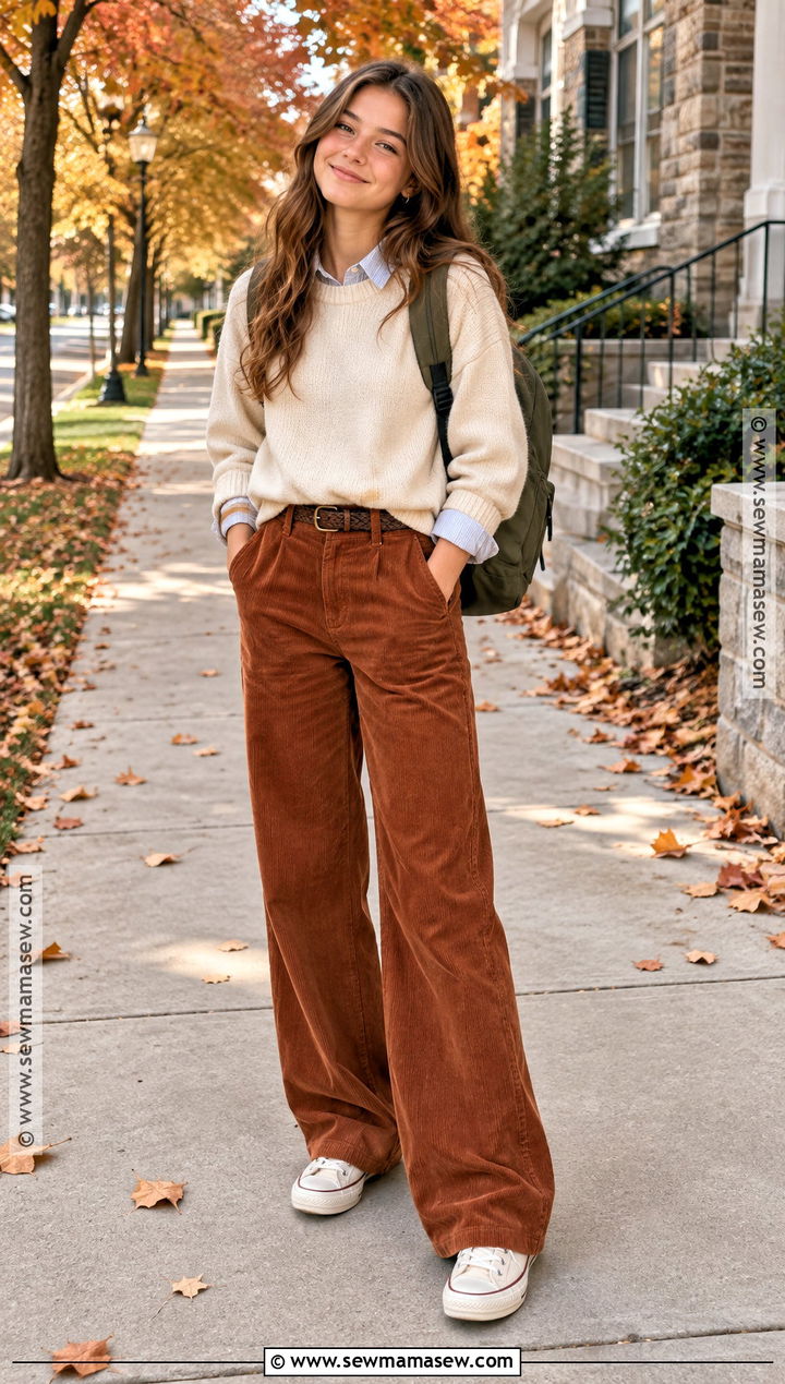 Corduroy Pants And Crewneck Sweater Fall Outfit - 15 cute fall outfits teenage for girls