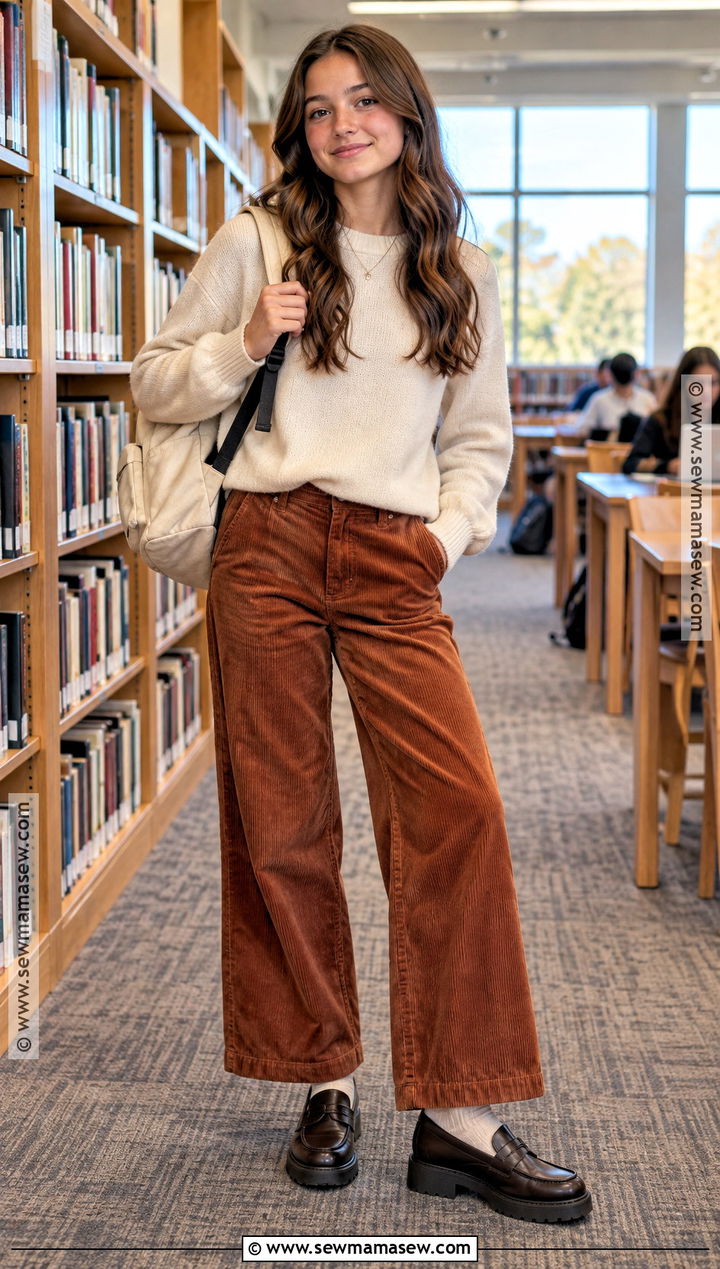 Corduroy Pants And Crewneck Sweater Outfit - 20 cute back to school outfits for 8th
