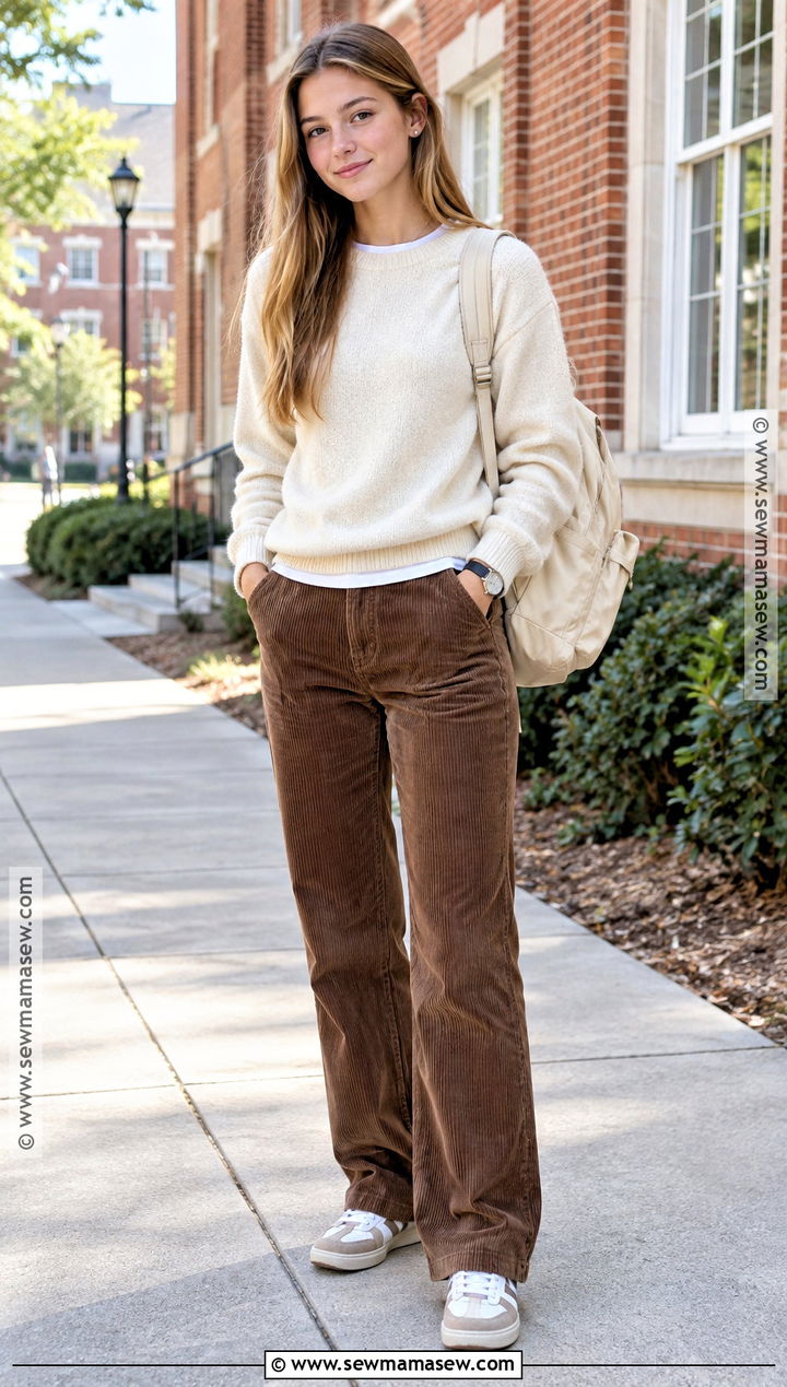 Corduroy Pants And Crewneck Sweater School Outfit - 20 cute back to school outfits highschool baddie ideas