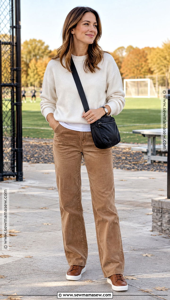 Corduroy Pants And Crewneck Sweater Soccer Mom Outfit - 15 soccer mom outfits fall