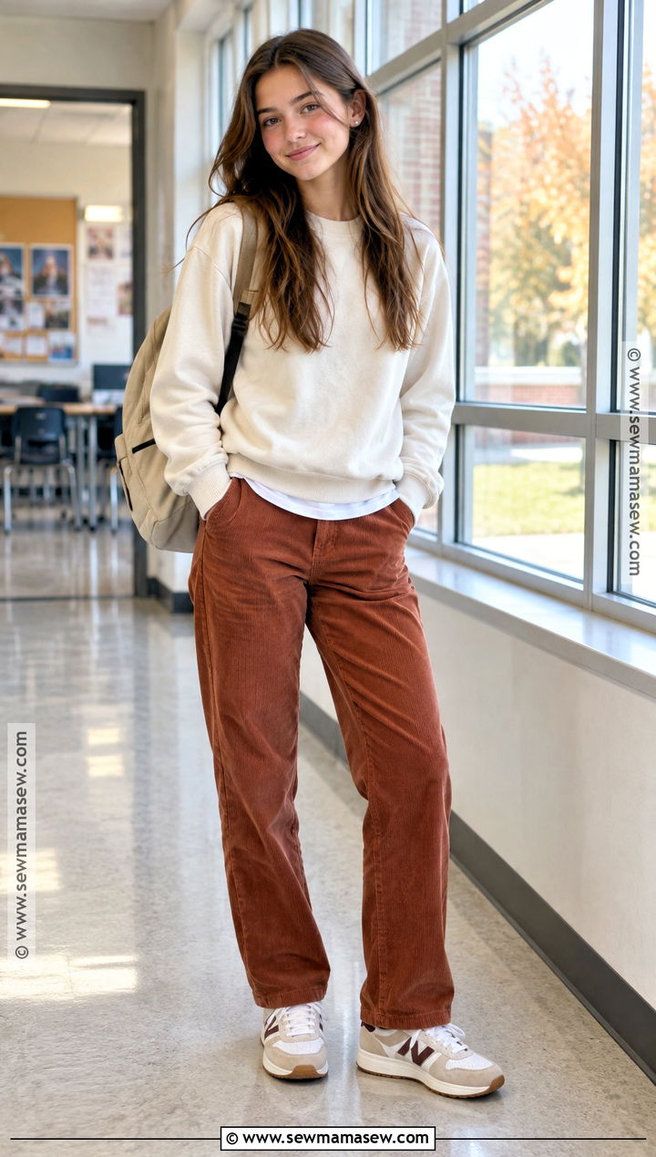 Corduroy Pants And Crewneck Sweatshirt High School Outfit - 25 back to school fits highschool